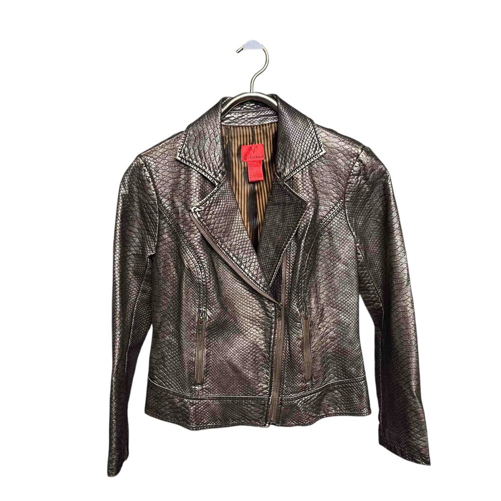 V Cristina Snake Embossed Faux Leather Moto Jacket Size M Brown Gold Zip Front